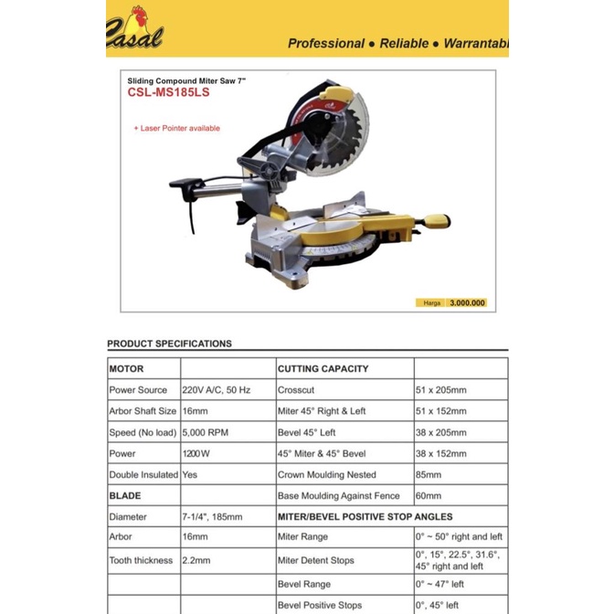 Jual Miter Saw Sliding Laser 7 Mesin Potong Alumunium Kayu Casal