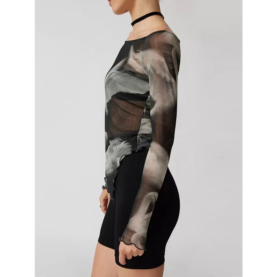 Verdusa Women's Sheer Mesh Long Sleeve Crop Top - Rhinestone Detail Black See-Through Tee - View #5