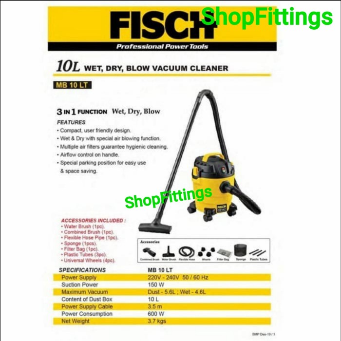 Jual Baru Fisch Vacuum Cleaner 3 In 1 Wet Dry Blow Mb 10 Lt Plus Rewash