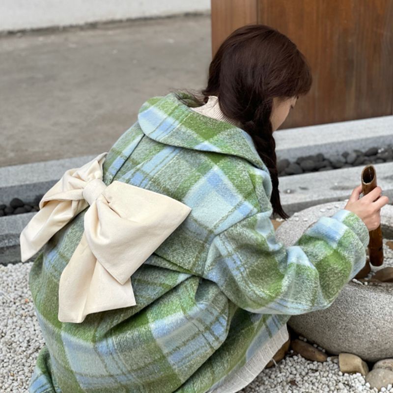 Jual Bow Green Plaid Wool Coat Women's Japanese Sweet Mid-Length