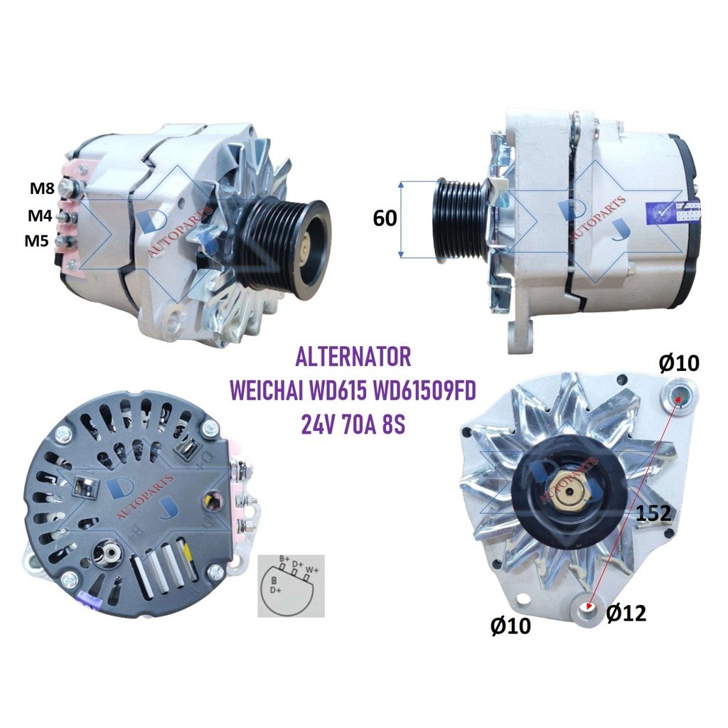 Jual DINAMO ALTERNATOR WEICHAI WD615 WD61509FD 24V 70A 8S | Shopee ...