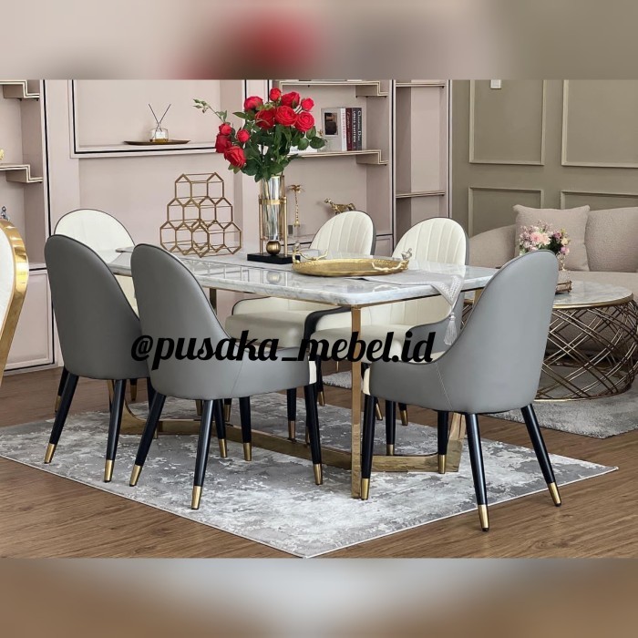 Jual dining set marmer minimalis modern, meja makan set marmer 6 kursi ...