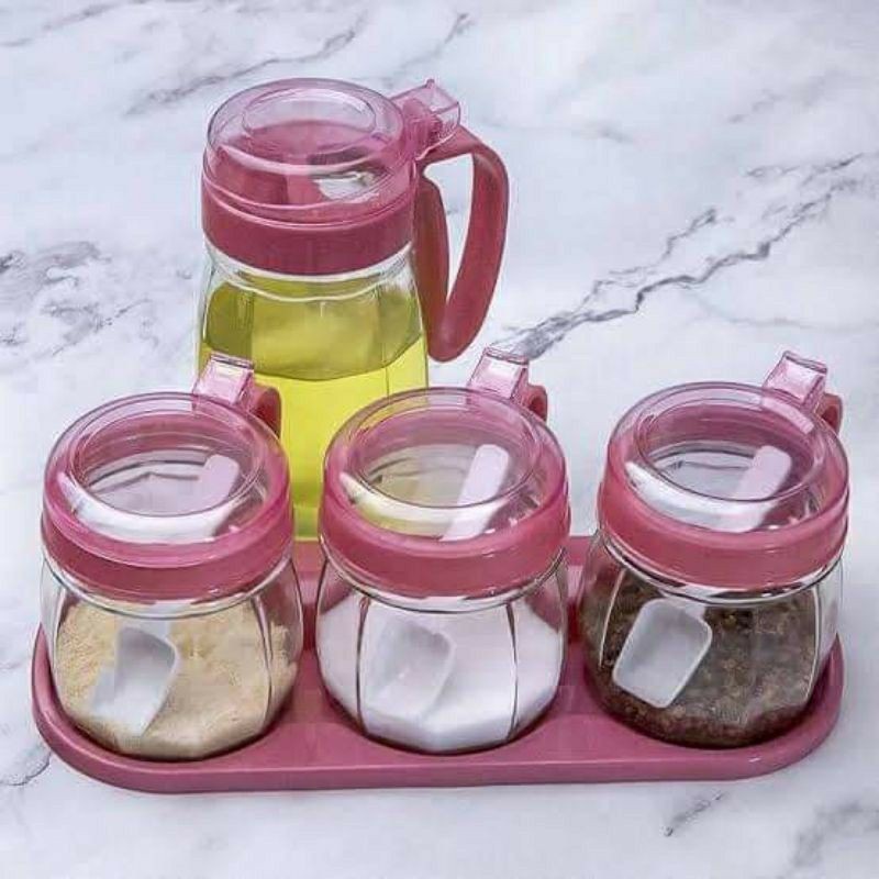 BOTOL MINYAK & TEMPAT BUMBU SET ISI 4 PCS - TOPLES GARAM DAPUR TEMPAT BUMBU OIL POT SET - KITCHEN JAR SET 4 COD