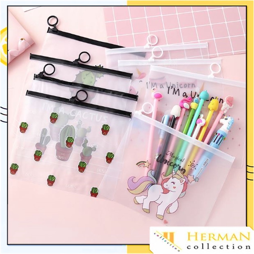 HC Pouch Zip Lock Kosmetik Transparan Motif Kaktus Tas Kosmetik Karakter Unicorn ZipLock Plastik Zipper Lock Alat Tulis ATK Murah