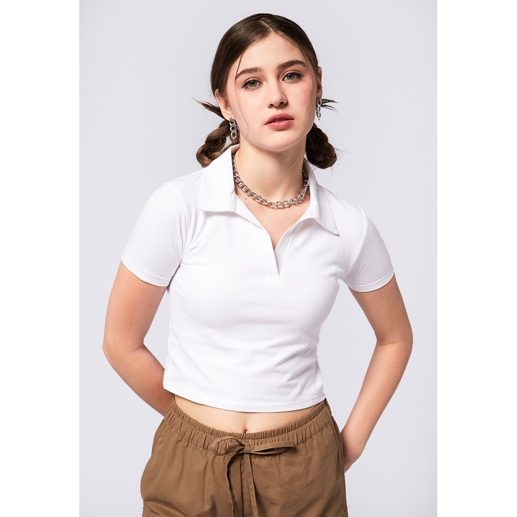 Jual COLORBOX V-Neck Polo Crop Top Off White | Shopee Indonesia