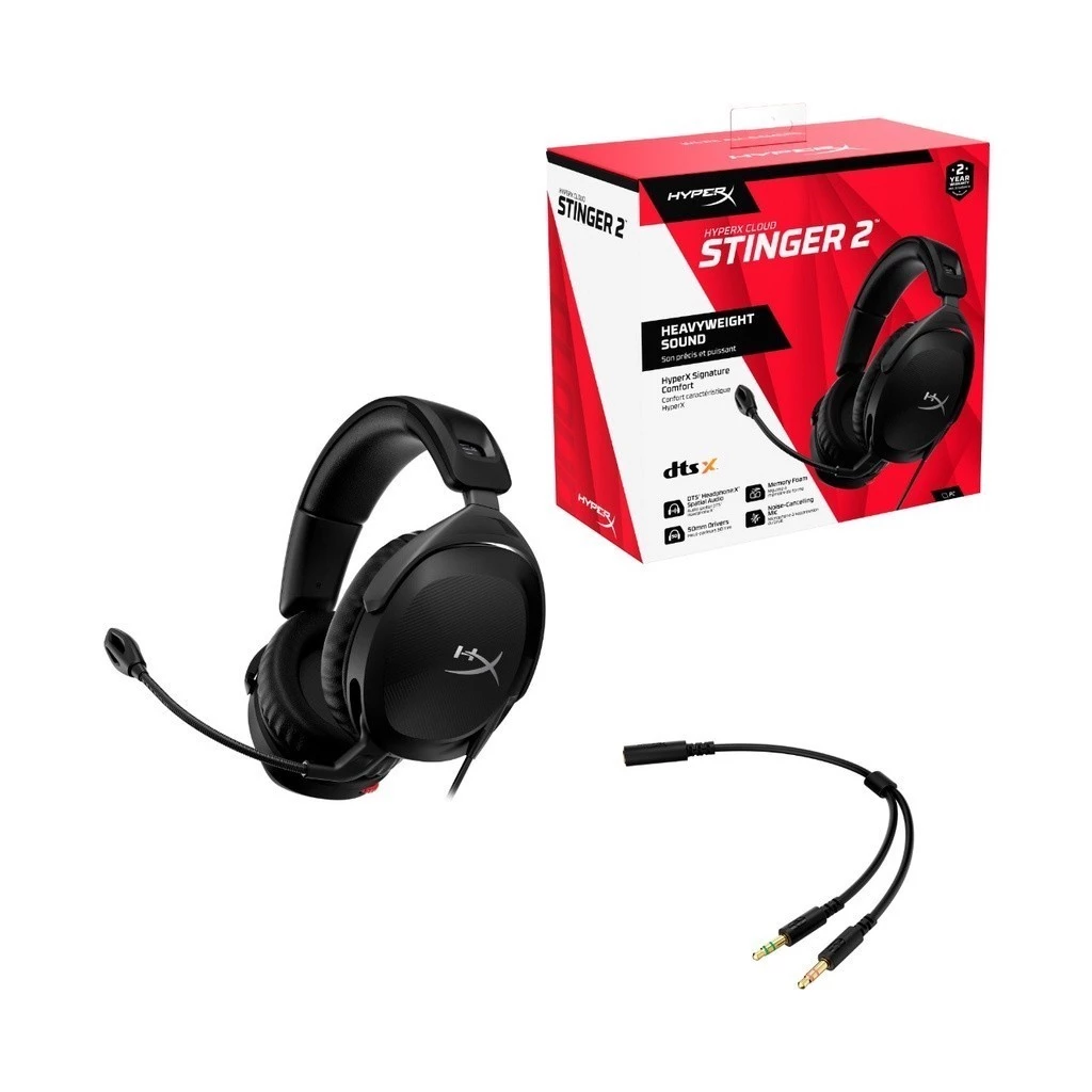 HyperX Headset Gaming Cloud Stinger 2 Wired - Black Noise Cancelling Spatial Audio Rotatable Leather Stereo Bass