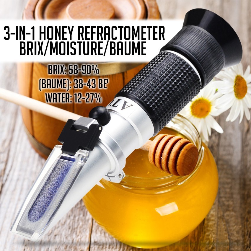 Jual 3in1 Honey Refractometer Brix/Moisture/Baume Tester Meter ATC, Triskala Kadar Air Gula