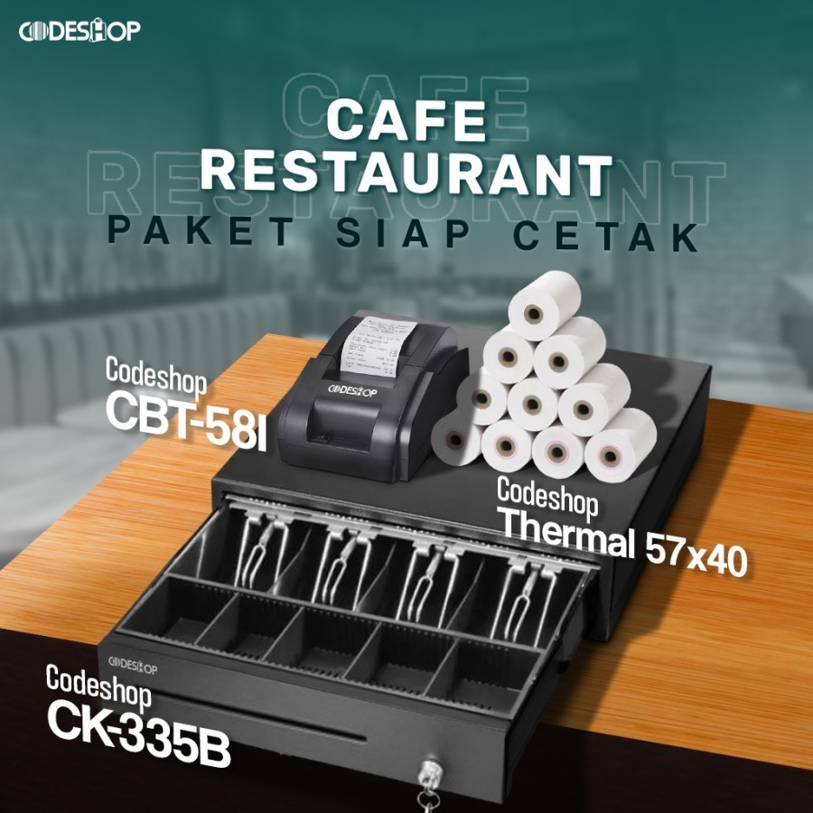 Jual Paket Kasir Siap Cetak Printer Codeshop CBT-58I + Laci Kasir Codeshop CK-335B + Kertas Thermal 57x40 10 Roll | Shopee Indonesia