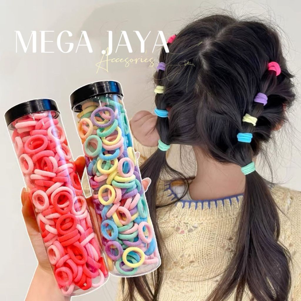 MJ - Ikat Rambut Wanita Anak Set 100pcs Box Tali Ikat Rambut Karet Elastis Polos Warna Warni Import Fashion Korea Wanita A1