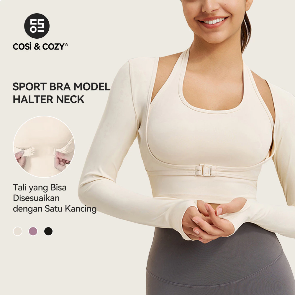 COSI COZY Bantalan Dada Bawaan Lengan Panjang kaos Halterneck Atasan Olahraga Wanita