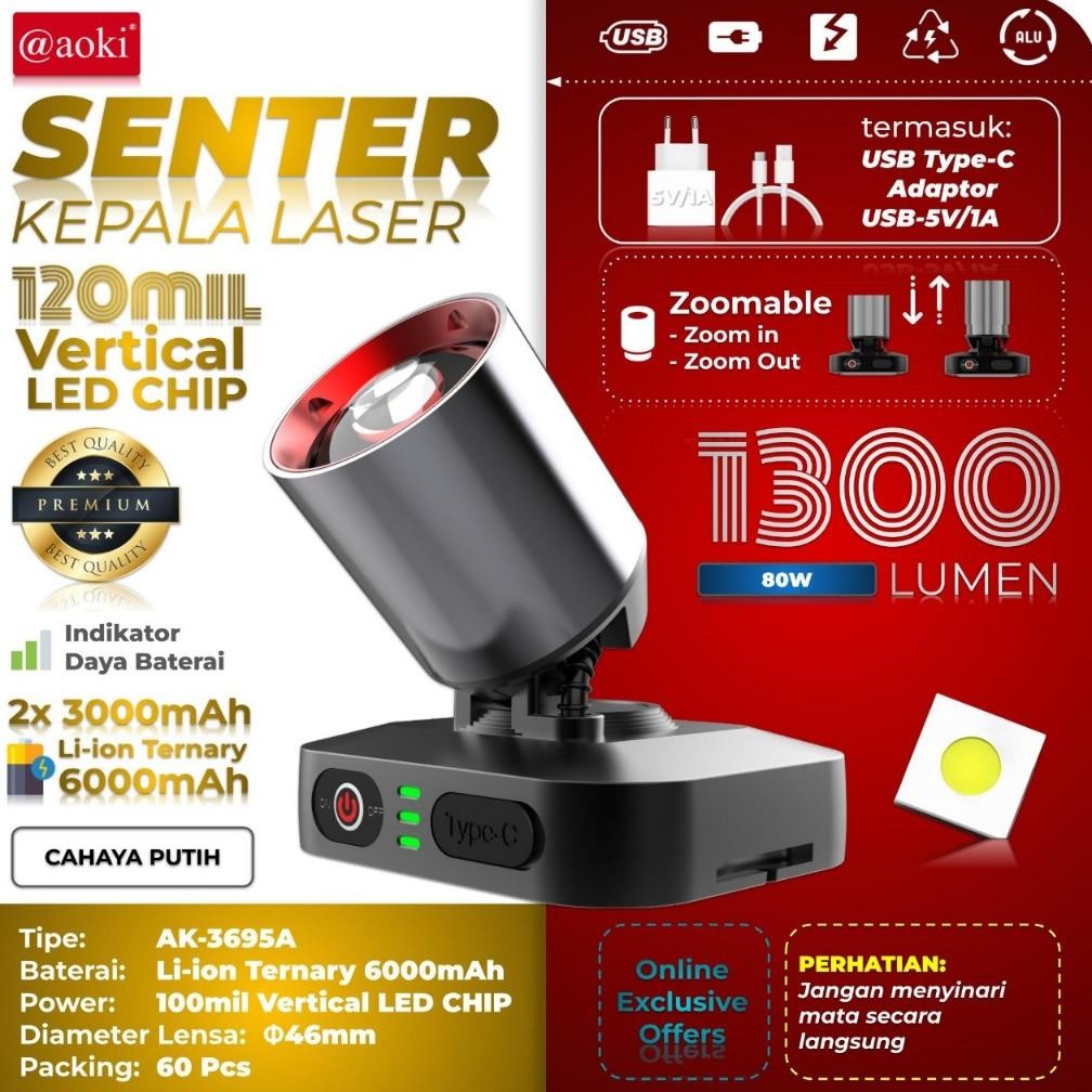 Jual Senter Kepala Led Laser AOKI AK-3695A 80Watt 1300 Lumen Baterai ...