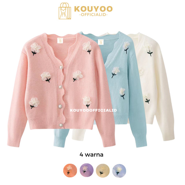 Jual KOUYOO Premium Rajut Korea Style Cardigan Rajut Tulip Putih 3D V ...