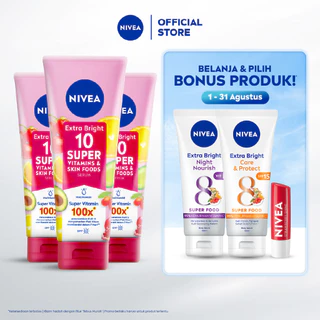 NIVEA Body Serum Extra Bright 10 Super Vitamins & Skin Foods 180ml x3 - Mencerahkan & menyamarkan noda hitam