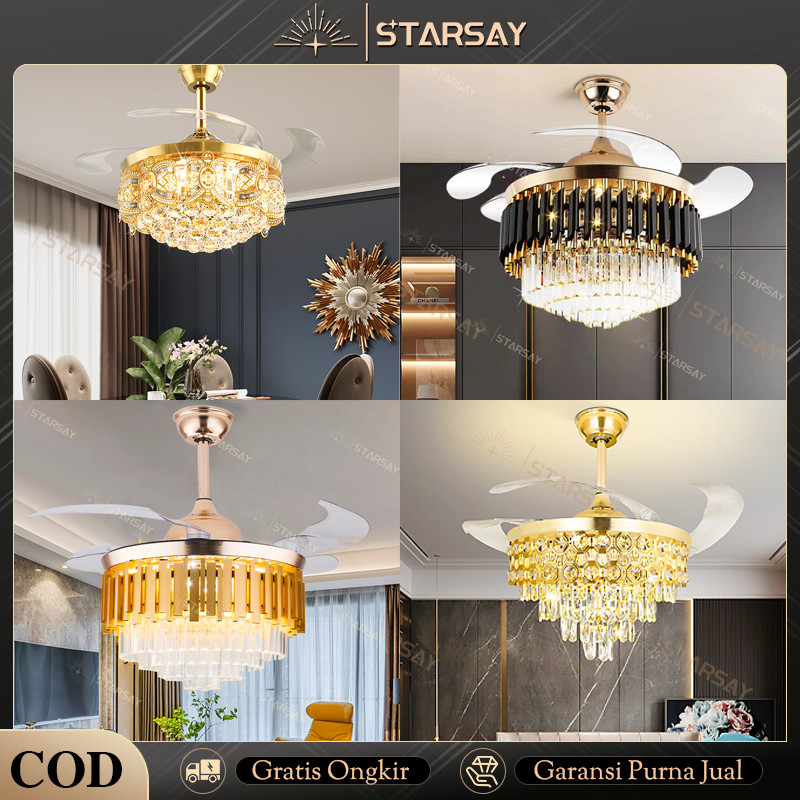 Jual ✨100% kristal✨Kipas Lampu Gantung 50cm Kristal Remote