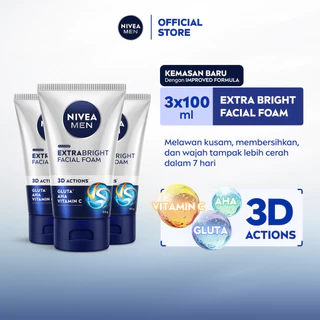 NIVEA MEN Facial Foam Extra Bright Facial Foam 100ml Triple Pack - Sabun cuci muka pria untuk mencerahkan kulit - Glutathione, AHA, Vitamin C