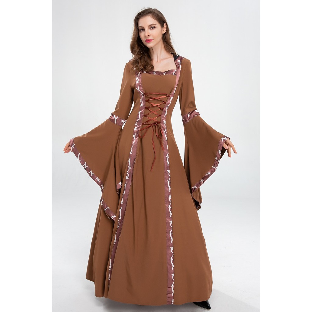 European and American Halloween Medieval Retro Hooded Dress Square Collar  Lace up Waist Flared Sleeve Costumes Wholesale Q2TJ