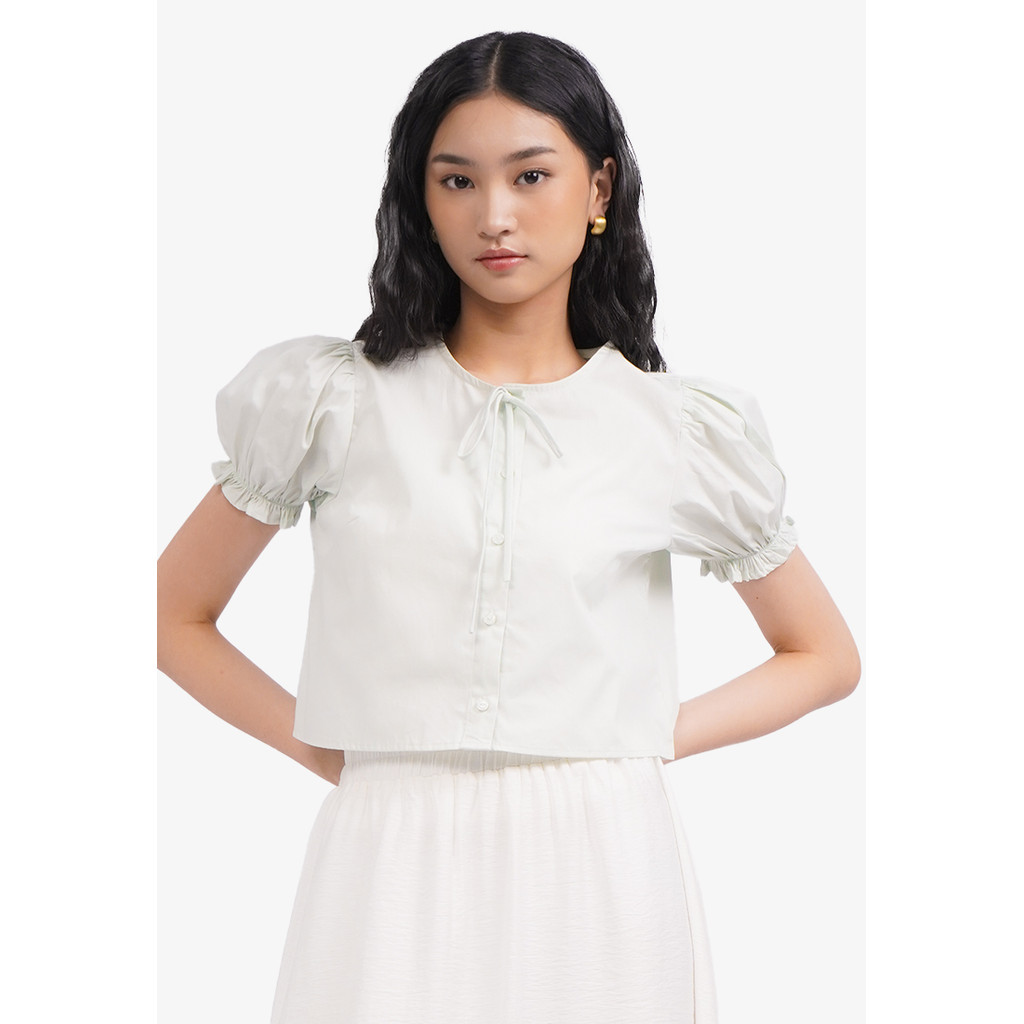 Jual COLORBOX Button Up Puff Sleeves Blouse Tosca | Shopee Indonesia