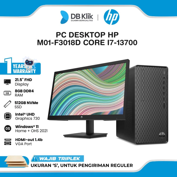 Hp Pc Desktop M01-F3018D Core I7-13700 8Gb 512Gb Ssd No Dvd Windows 11 Home Sl + Office Home Student 2021 + Monitor 22 Inch