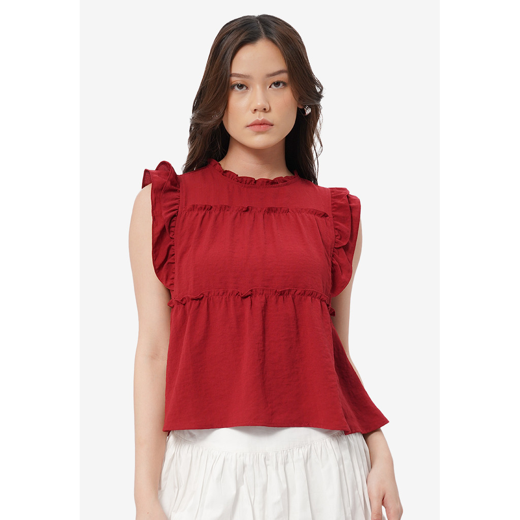 Jual COLORBOX Ruffled Sleeveless Blouse Dark Red | Shopee Indonesia