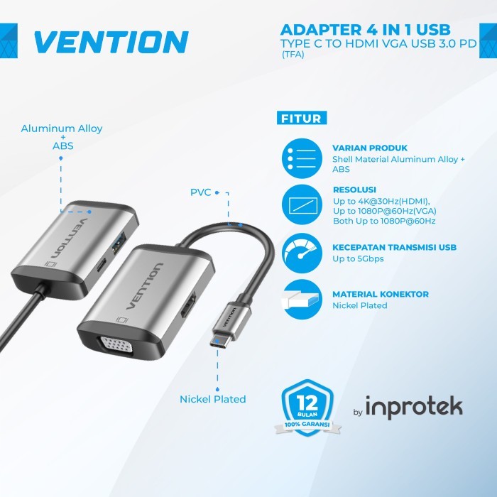 Jual Vention Adapter 4 in 1 USB Type C to HDMI VGA USB 3.0 PD | Shopee ...