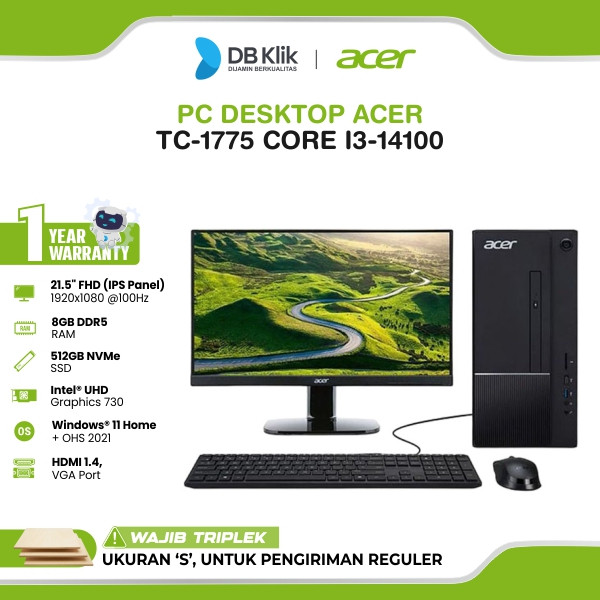 Jual Acer Pc Desktop Tc-1775 Core I3-14100 8Gb 512Gb Ssd No Dvd Windows ...