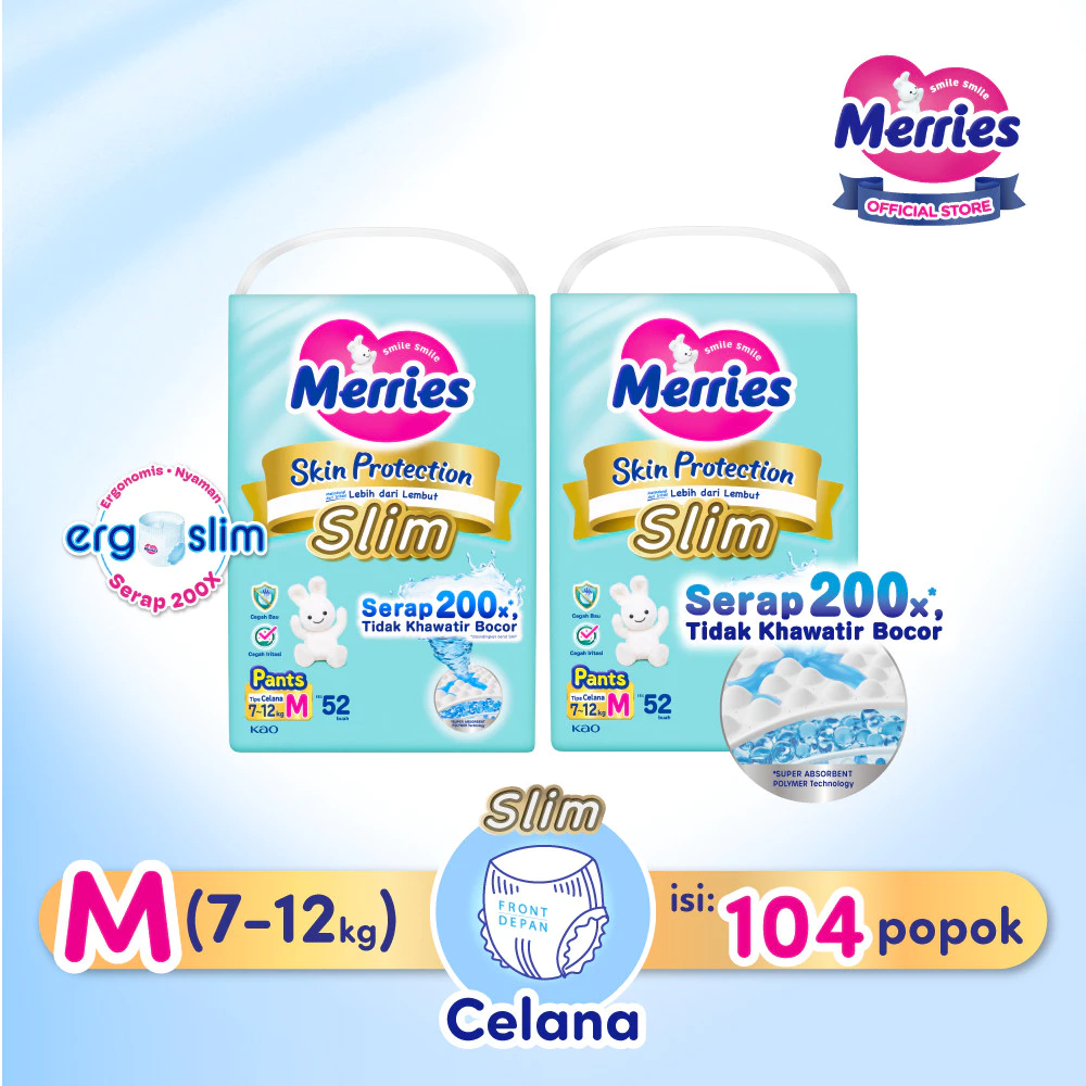Popok Merries Skin Protection Slim Pants M52 Twinpack Promo Murah