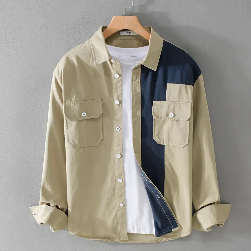 Spring Fall Cargo Shirt Man Streetwear Fashion New Long Sleeve Men Shirts  Lapel Patchwork Designer Shirt Causal Pure Cotton Top