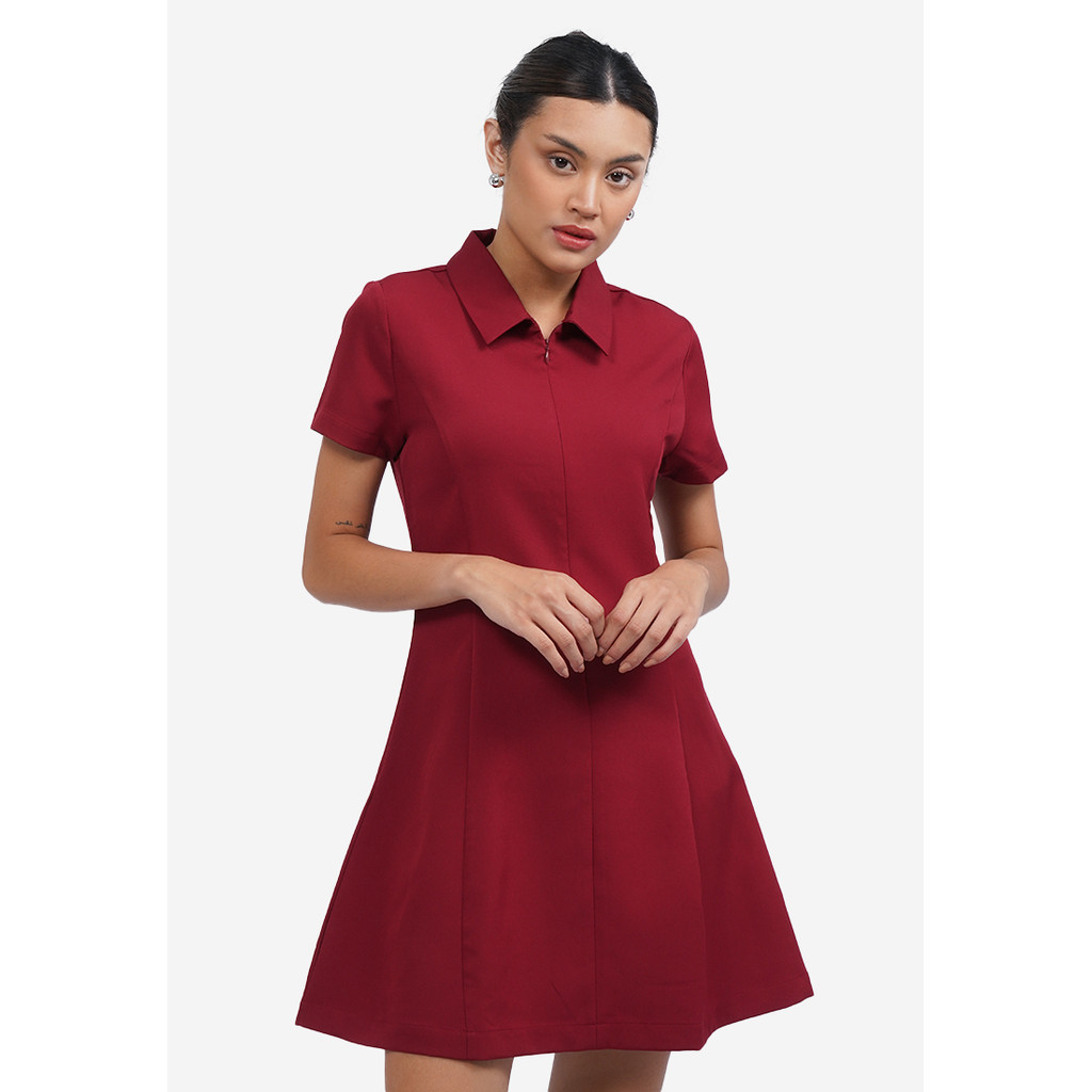 Jual COLORBOX Short Sleeve Collared Mini Dress Dark Red | Shopee Indonesia