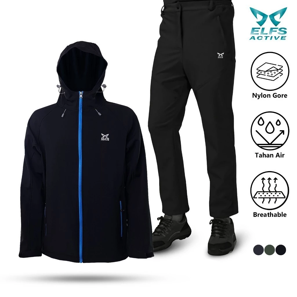 ELFS ACTIVE BUNDLE 2 Celana Size XL Hitam dan Jaket Hiking Pria Size M-XL Waterproof Polar Pants and Jacket Outdoor