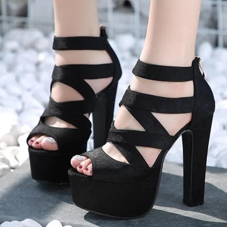 Classy Back Zipper Hollow Super High Thick Heel Fish Mouth Sandal Shoe