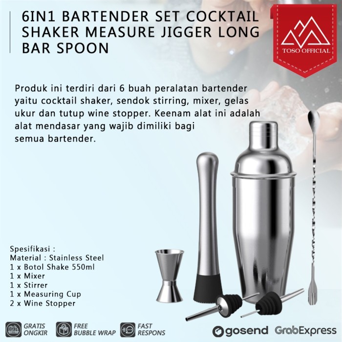 Jual 6 in 1 Bartender Set Cocktail Shaker Measure Jigger Long Bar Spoon ...