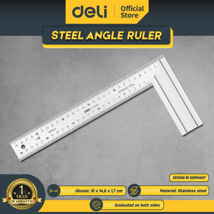 Jual Deli Steel Angle Ruler/Penggaris Siku Tukang 30 cm Stainless Steel ...