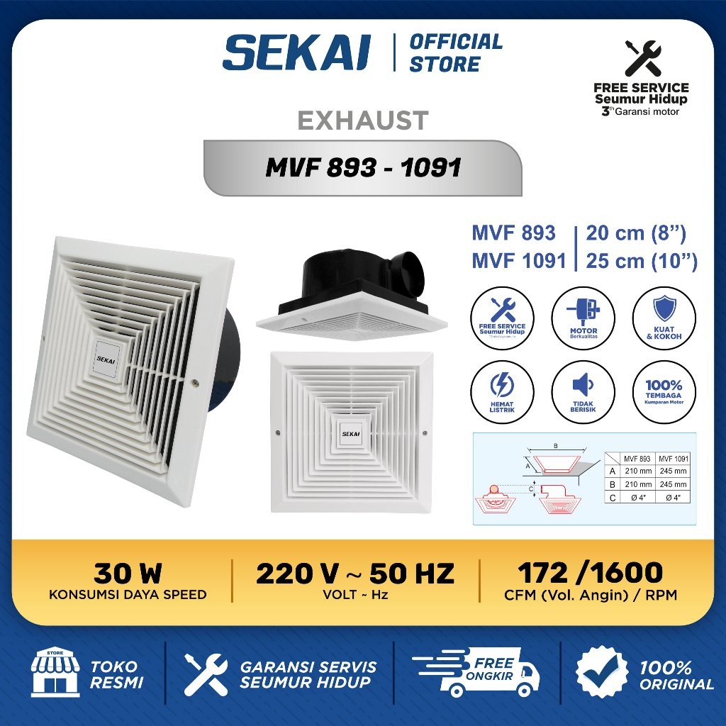Jual SEKAI Exhaust Fan / Kipas Angin Hexos Plafon Atap 8 Inch - MVF 893 ...