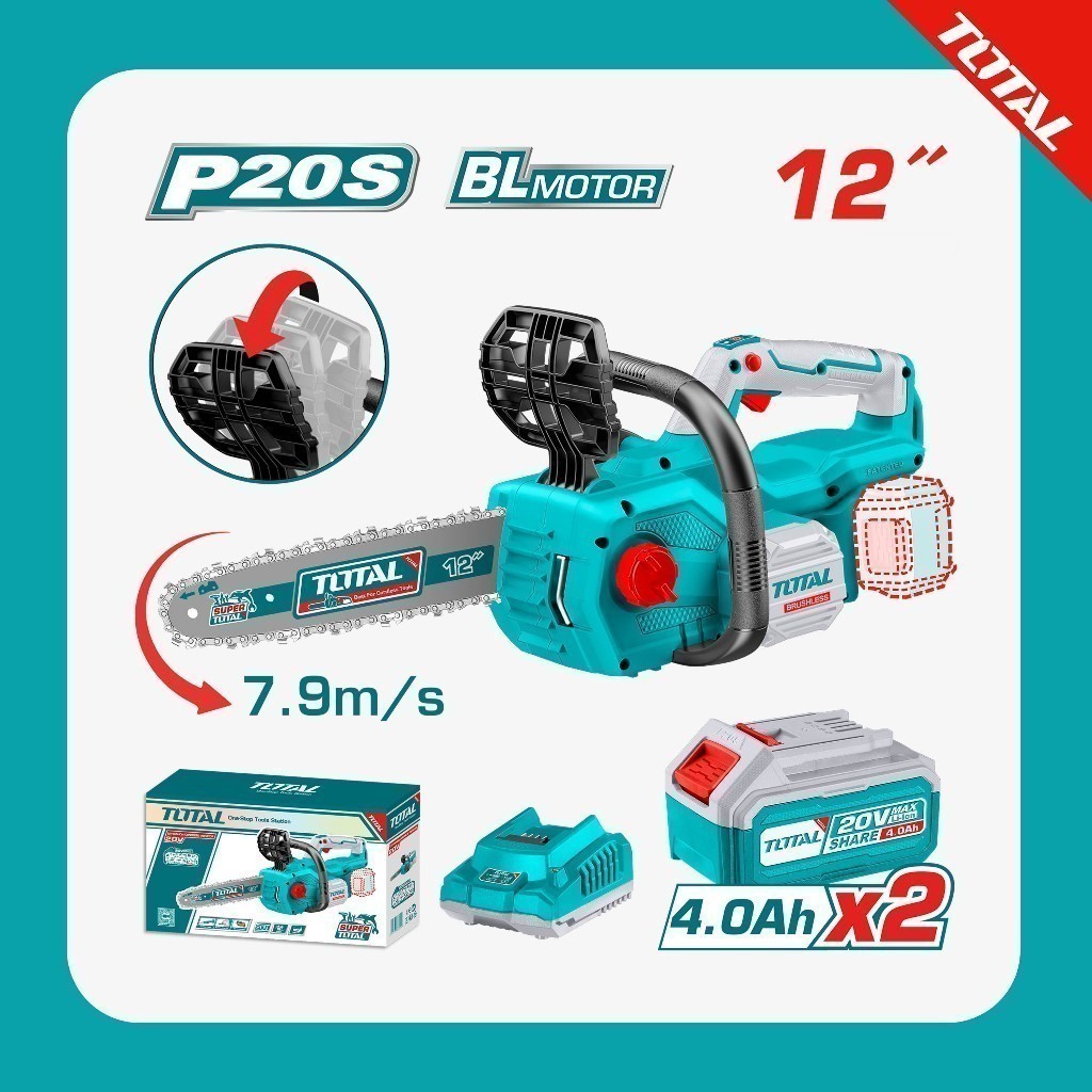 TOTAL Gergaji Rantai Baterai 12" / Lithium Ion Chain Saw TGSLI201286 | Motor Tanpa Sikat, 20V, Kokoh dan Efisien