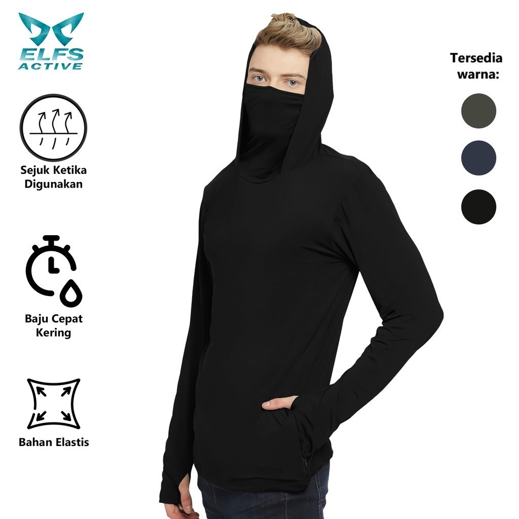 ELFS ACTIVE Hoodie Turtle Neck With Mask Men Long Sleeve Hoodie Pria Lengan  Panjang