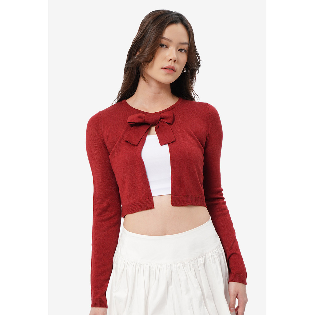 Jual COLORBOX Ribbon Long Sleeve Cardigan Dark Red | Shopee Indonesia
