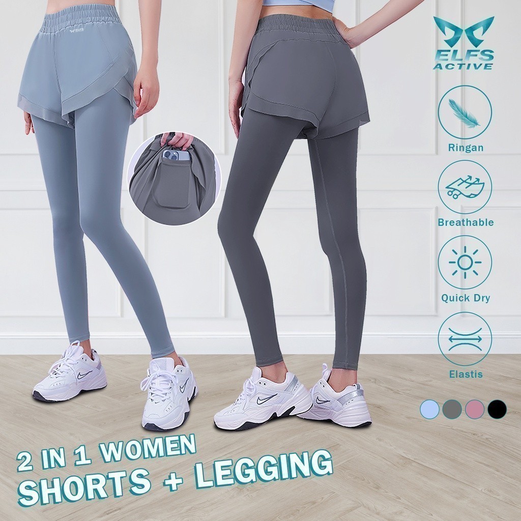Elfs Active 2in1 Womens Shorts + Legging Celana Pendek Sport Wanita Fitness