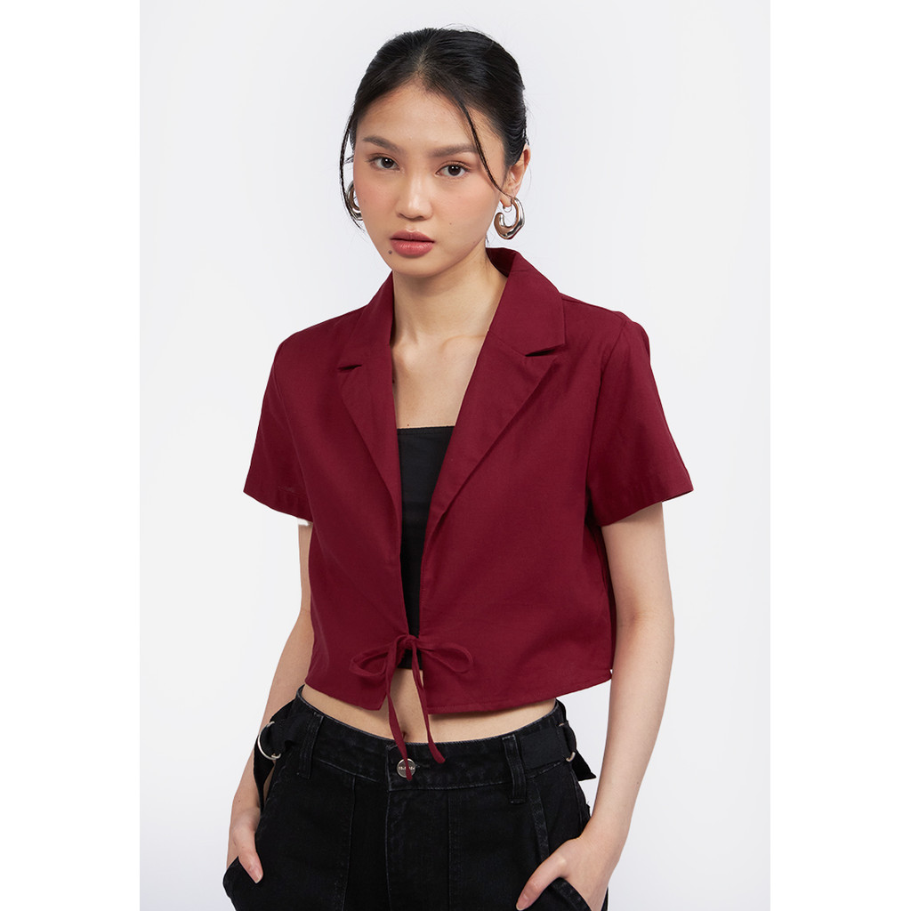 Jual COLORBOX Tied Short Sleeve Crop Blazer Dark Red | Shopee Indonesia
