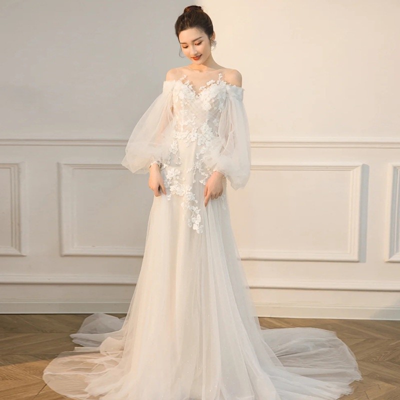 Jual Gaun Pengantin Putih Elegan Gaun Jaring Ramping Renda Bunga Bahu ...