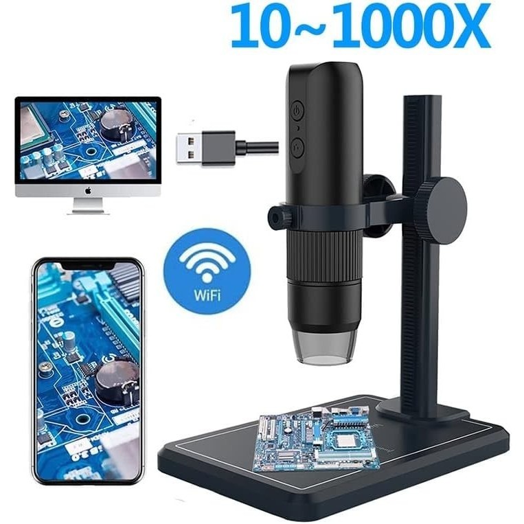 WiFi-Mikroskop – 0x–1000x, LED, Aluminium, Mit Verstellbarem Ständer, Für Smartphone (Android/iOS), 650-mAh-Akku