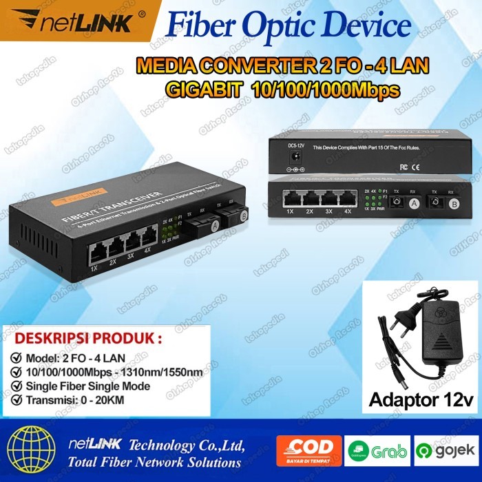 Jual BEBAS ONGKIR - Media converter Fiber Optic 2 FO to 4 LAN Gigabit ...