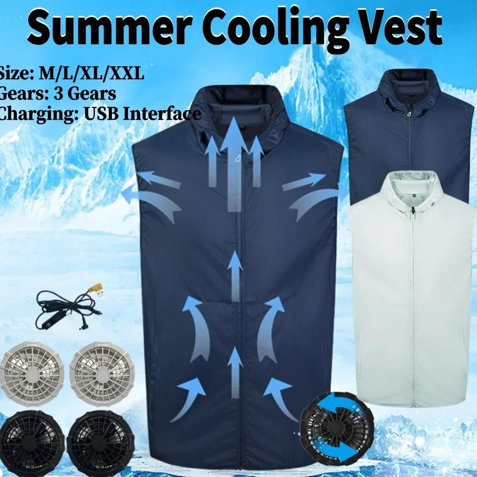 Cooling Fan Jacket With 4 Fans & Reflective Strips - Wearable AC Vest For Hot Outdoor Work (XXL, Navy Blue)