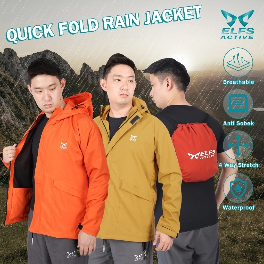 Elfs Active Quick Fold Rain Jacket String Bag Jaket Parka Hiking Gunung