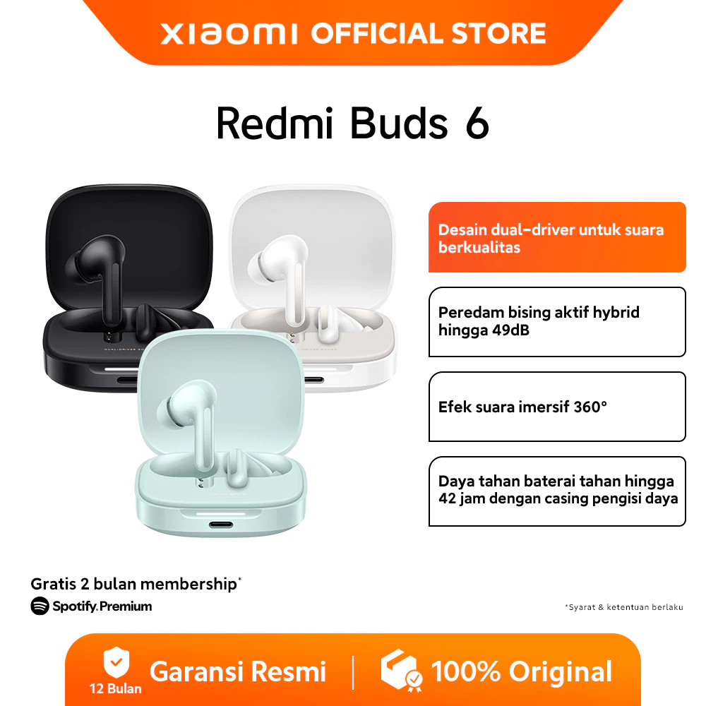 Xiaomi Redmi Buds 6 | Desain akustik dual-driver | Peredam bising hingga 49 dB | efek suara imersif 360° | Baterai hingga 48 Jam