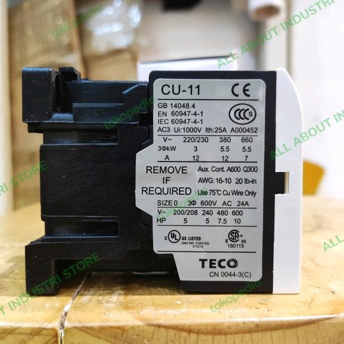 TECO CU-11 magnetic contactor, 3 phase, 480V coil, 3A1a N/O, Normally