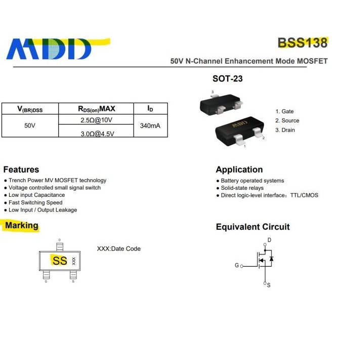 Jual Murah (15) BSS138 50V 340mA N-channel Mosfet SS SOT-23 MDD ...