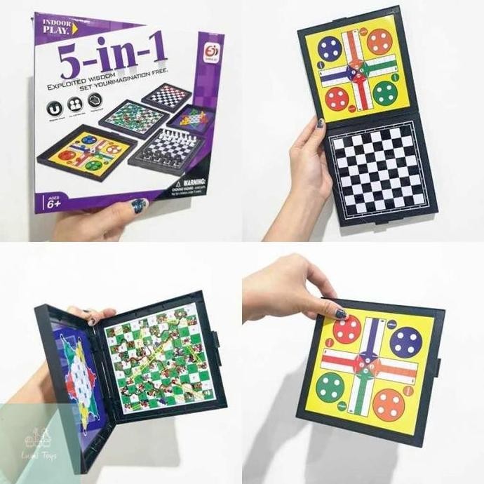 Jual Mainan Board Game Ular Tangga Magnet 5 in 1 Catur Ludo Halma Catur ...