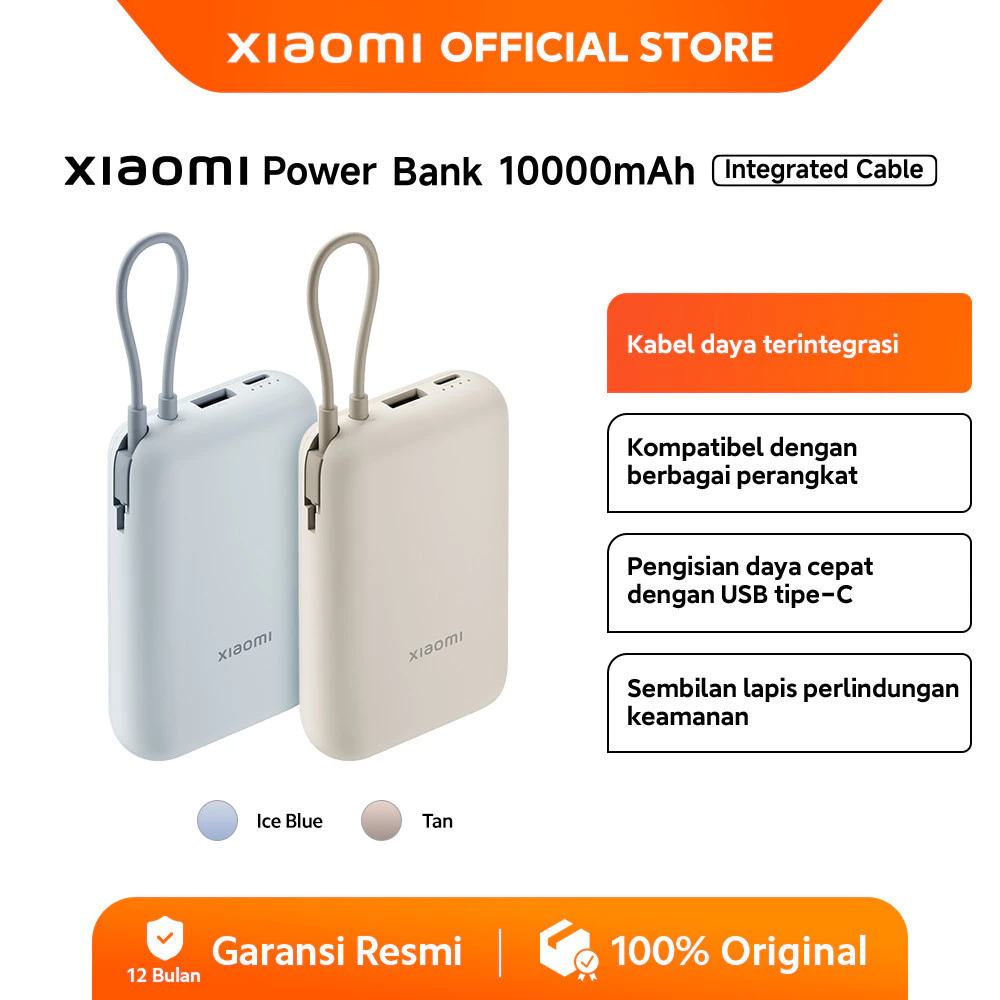 Xiaomi Power Bank 10000mAh | Kabel Daya Terintegrasi | Ringkas| Kompatibel Berbagai Perangkat | USB Type-C