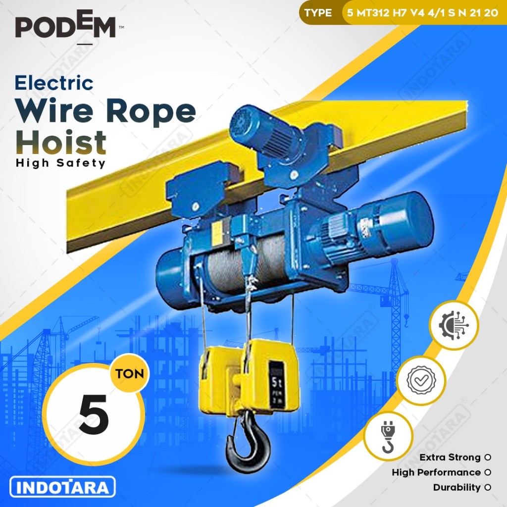 Jual Electric Wire Rope Hoist Podem 5 Ton 5 MT312 H7 V4 4/1 S N 21 20 ...