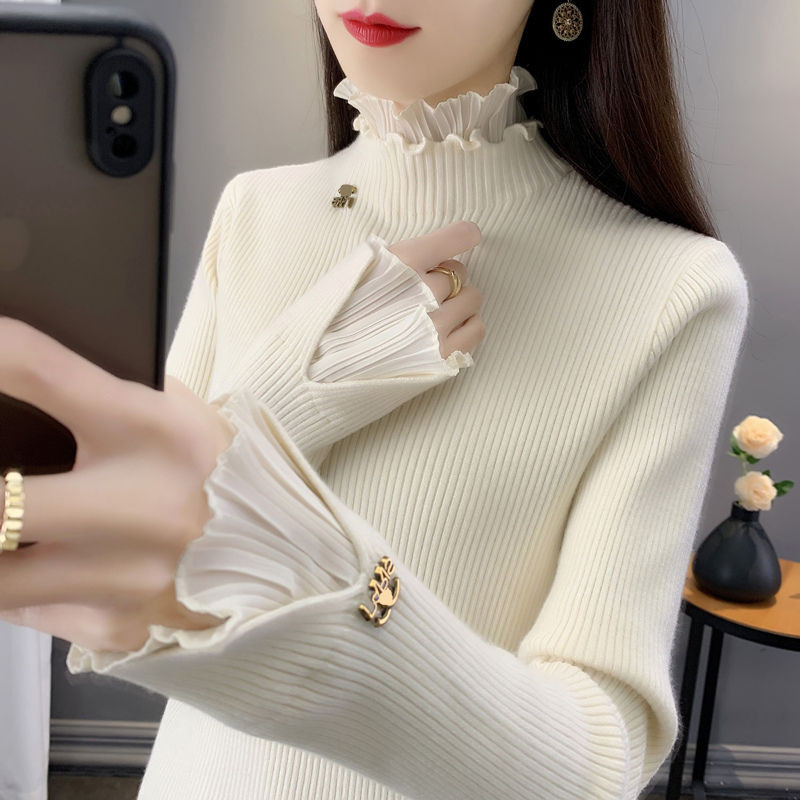 Jual New Fashion Lace Trim Half Turtleneck Knitted Base Layer Women's ...